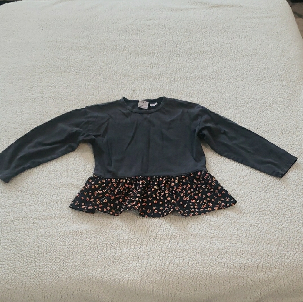 Zara Black and Pink Long Sleeve Tee with Ruffle Detail